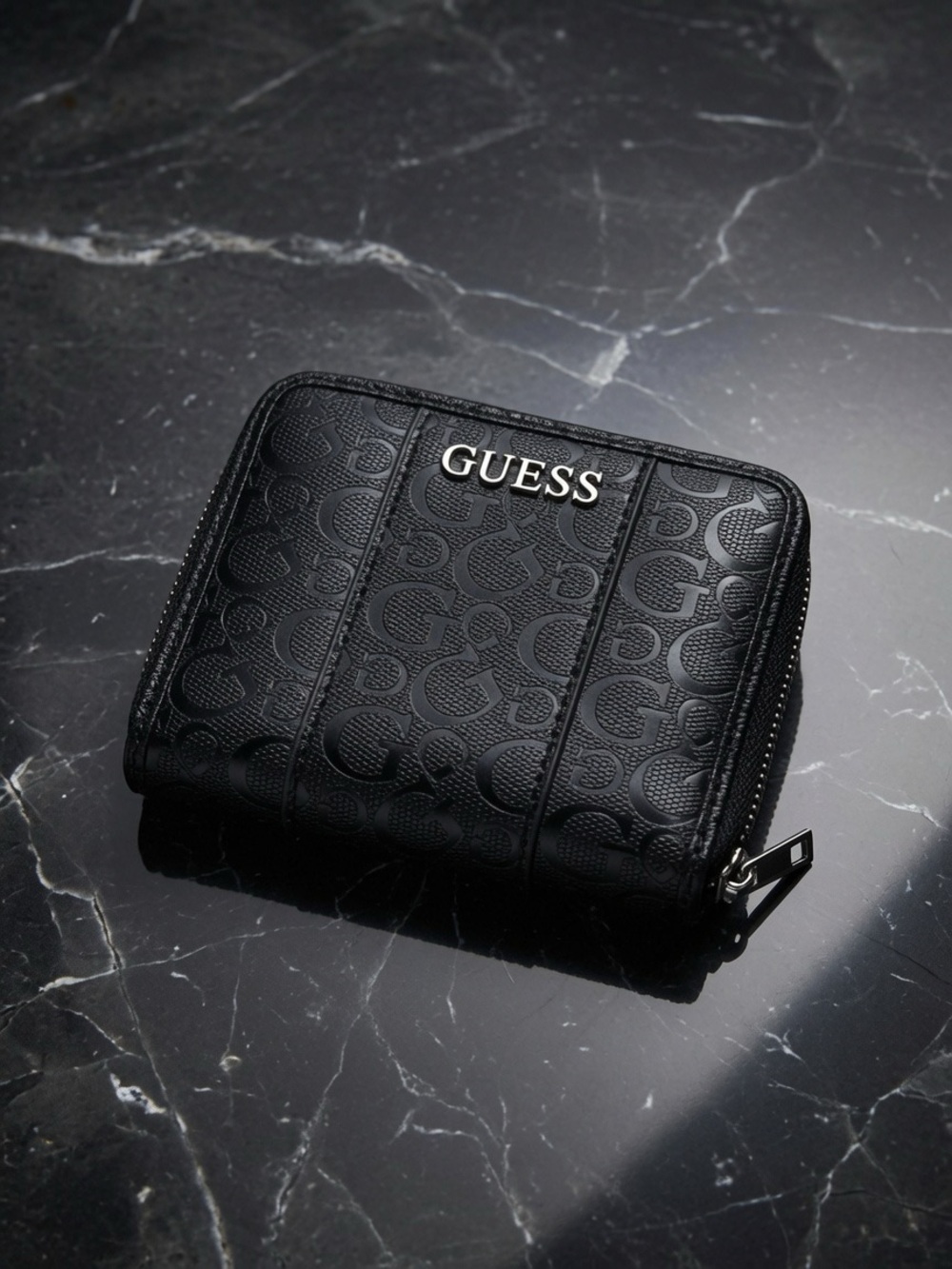GUESS Black Patent Logo Zip Wallet with Gold Accent